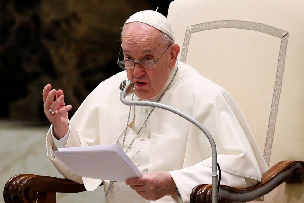 Pope Francis speaks during his general audience at the Vatican Jan. 12. (CNS/Paul Haring)