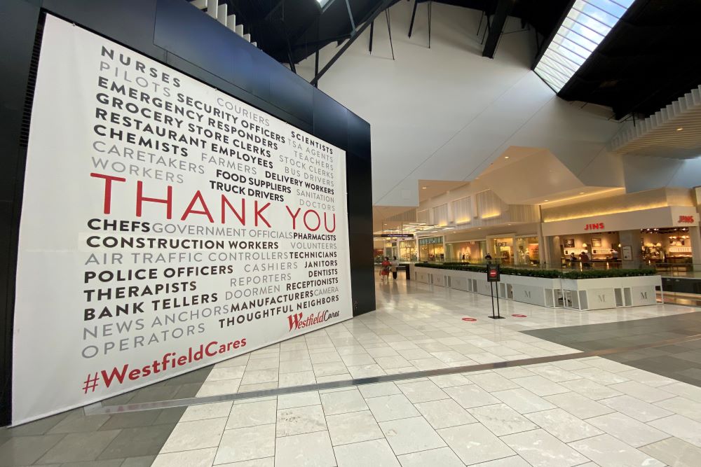 A sign at the Westfield Santa Anita mall in Arcadia, Calif., thanks first responders and essential workers June 25, 2020. (CNS/Reuters/Mario Anzuoni)