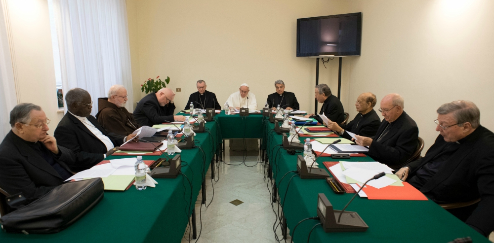 Pope Francis leads a meeting of his international Council of Cardinals at the Vatican in February 2017. Indian Cardinal Oswald Gracias is third on the right from the pope. (CNS/L'Osservatore Romano, handout)