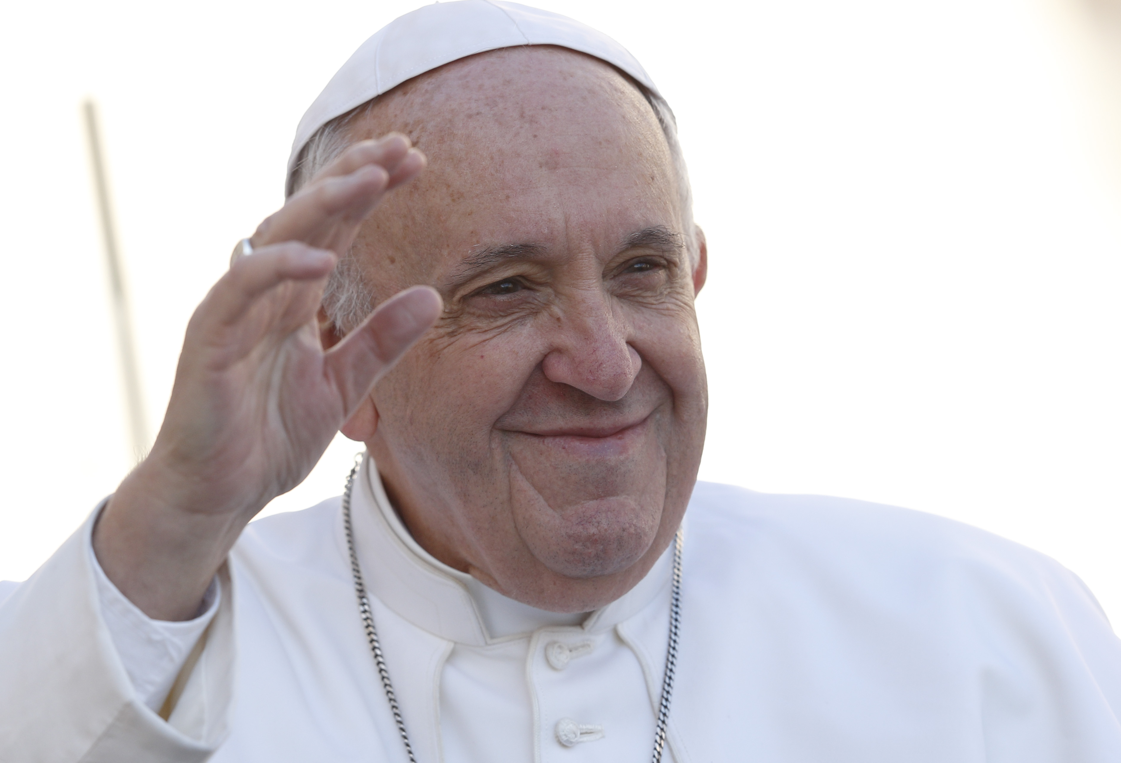 Pope Francis waves as he arrives for his general audience in St. Peter's Square at the Vatican March 14. (CNS/Paul Haring)