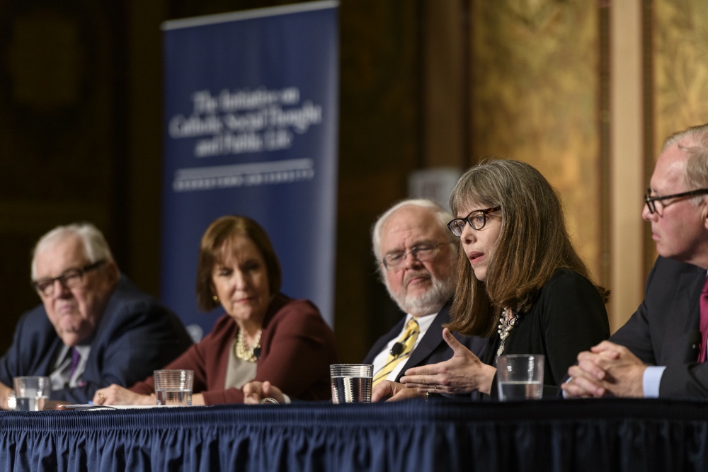 From left: Robert Bennett, Karen Tumulty, John Carr, Dawn Eden Goldstein and Kevin Byrnes (Georgetown University/Rafael Suanes)