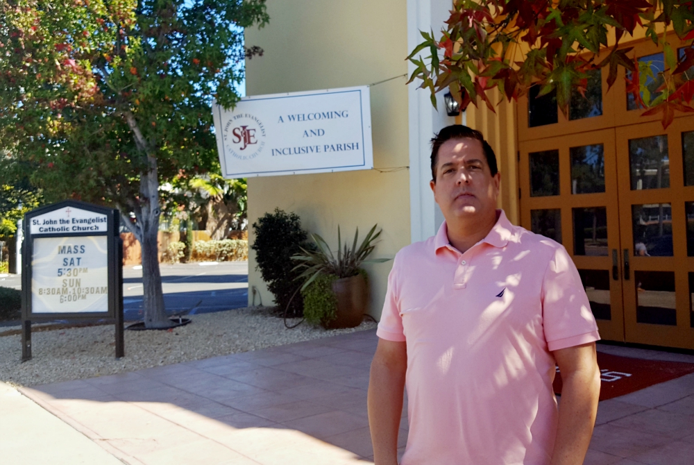 Aaron Bianco in front of St. John the Evangelist Parish in San Diego (NCR photo/Dan Morris-Young)