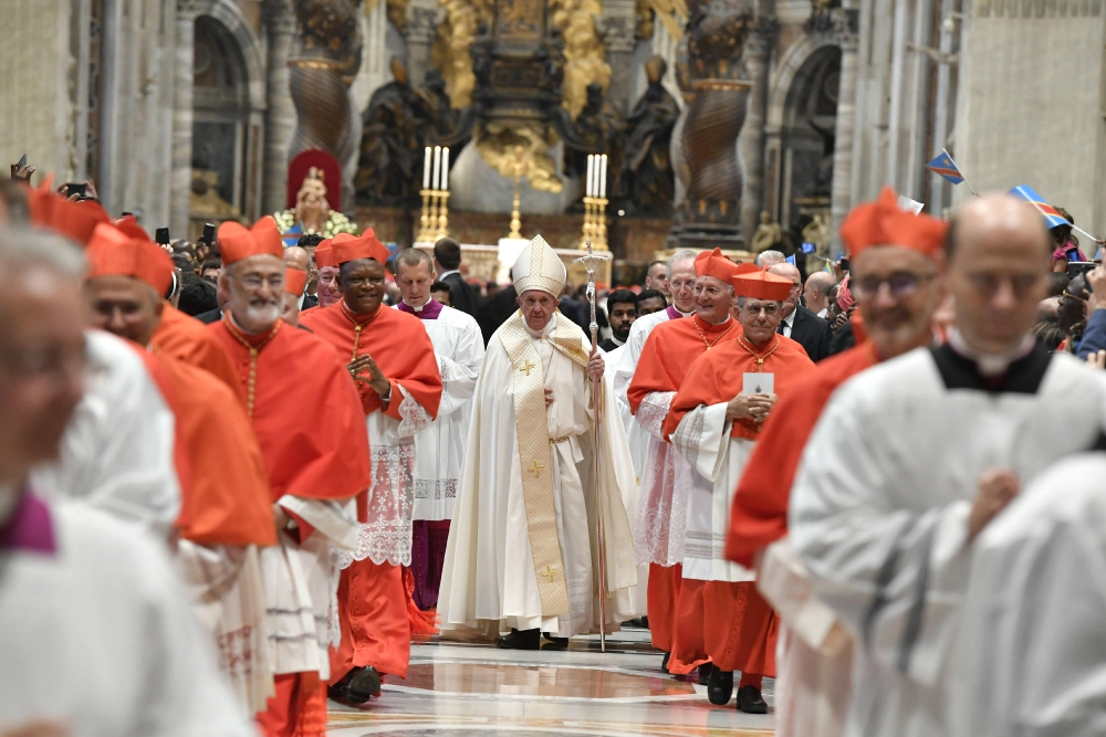 Pope Francis walks in procession with new cardinals during the consistory in St. Peter's Basilica at the Vatican Oct. 5. (CNS/Vatican Media) 