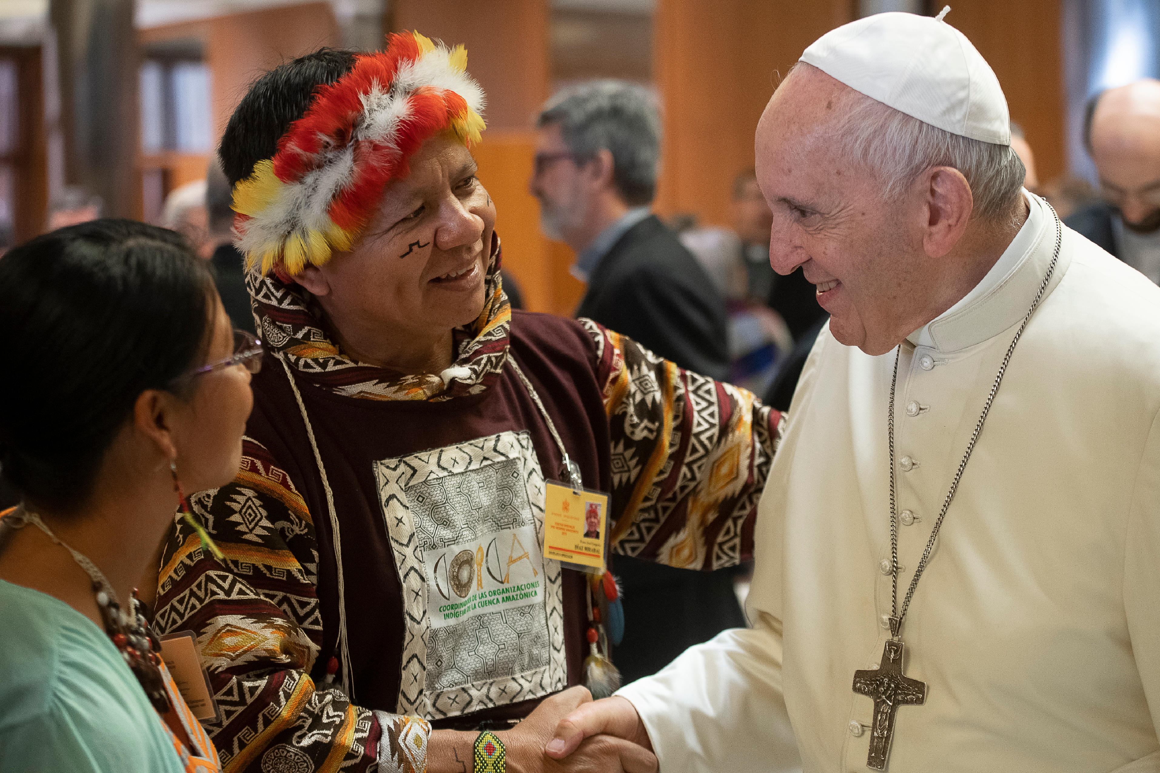 Pope Francis meets Jose Gregorio Díaz Mirabal, coordinator of an umbrella group of Amazonian Indigenous organizations, during a session of the Synod of Bishops for the Amazon at the Vatican in October 2019. (CNS photo/Vatican Media)