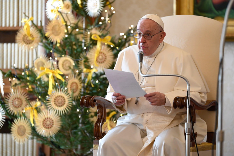 Pope Francis leads his general audience in the library of the Apostolic Palace at the Vatican Dec. 16. (CNS/Vatican Media)