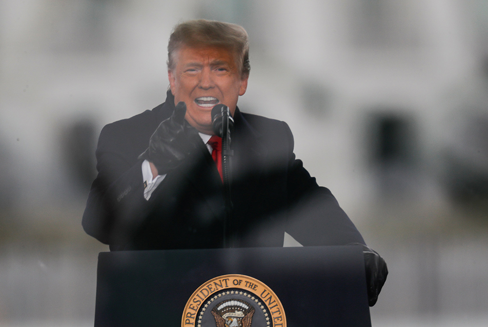 President Donald Trump speaks near the White House Jan. 6 in Washington, during a rally to contest the certification of the 2020 presidential election. (CNS/Jim Bourg, Reuters)