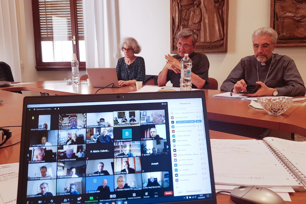 Leaders of the secretariat of the Synod of Bishops are pictured at the Vatican during an online meeting with presidents and general secretaries of national and regional bishops' conferences June 15, 2021. (CNS/courtesy Synod of Bishops)