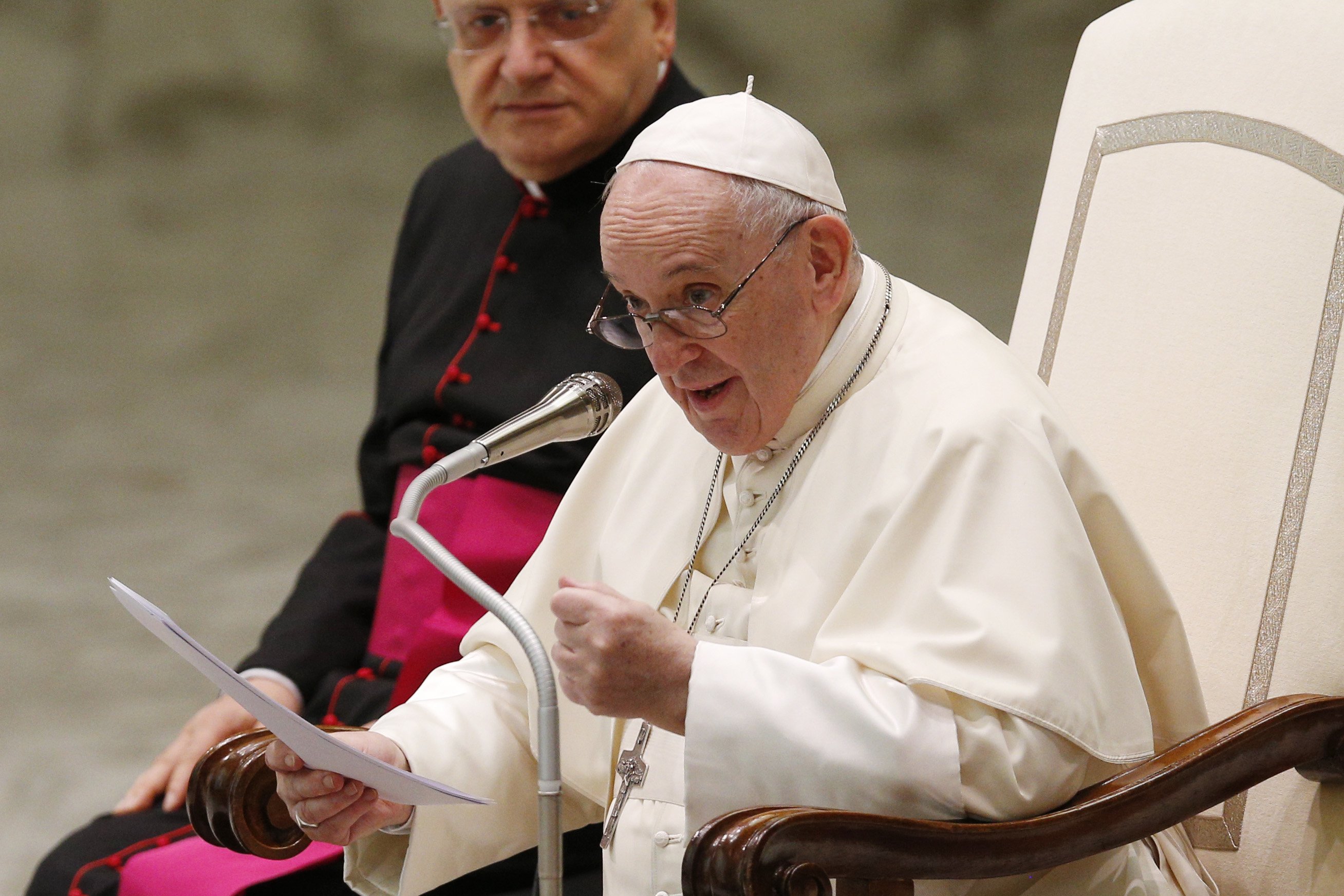 Pope Francis leads his general audience in the Paul VI hall at the Vatican Aug. 25, 2021. (CNS photo/Paul Haring)