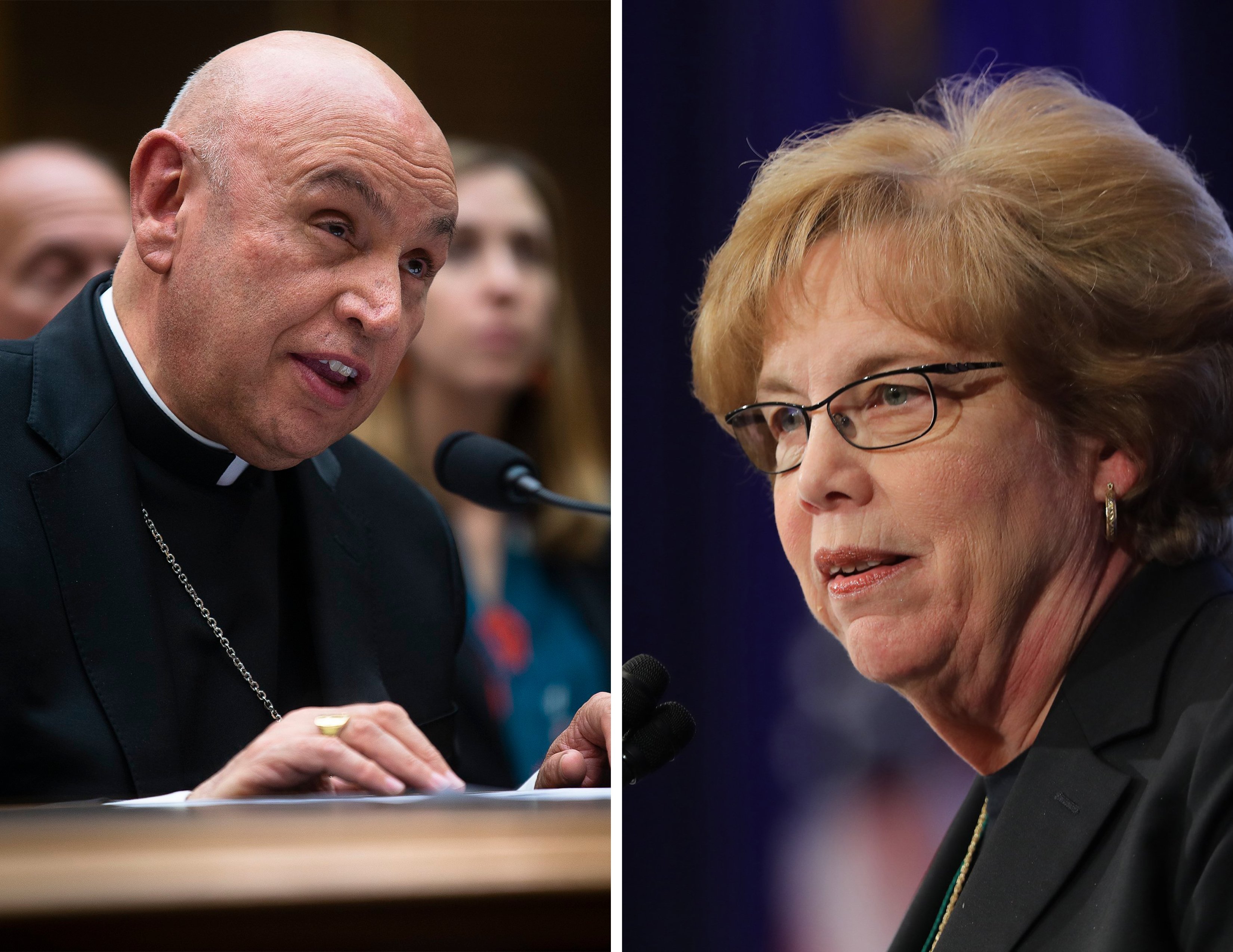 Auxiliary Bishop Mario E. Dorsonville of Washington, who is the chairman of the U.S. bishops' migration committee, and Dominican Sister Donna Markham, president and CEO of Catholic Charities USA, are seen in this composite photo. (CNS composite; photos by