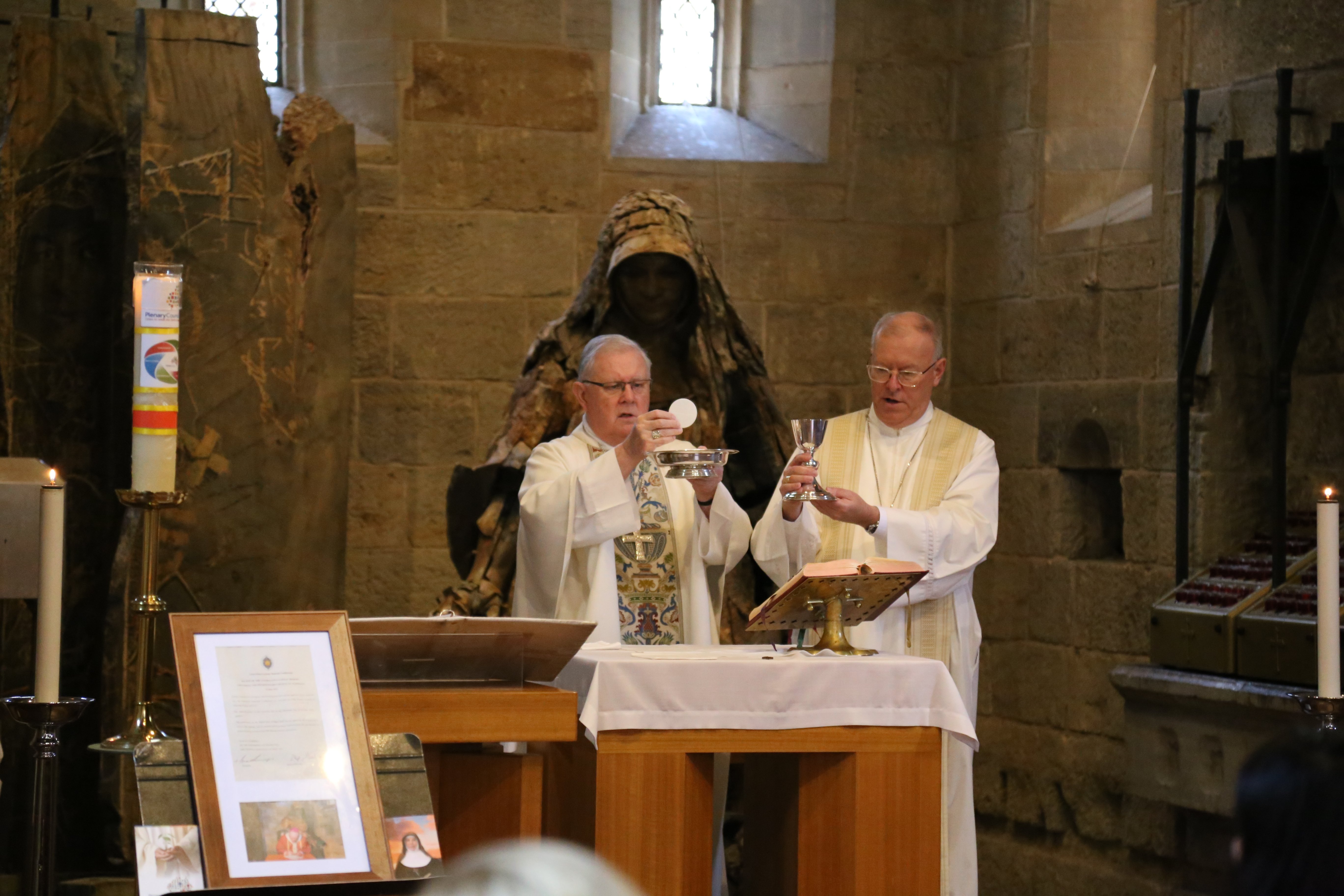 Australian Archbishop Mark Coleridge of Brisbane celebrates Mass in Mary McKillop Chapel in Brisbane, Australia, Oct. 9, 2021. The following day, he celebrated the closing Mass of the assembly at St. Stephen's Cathedral in Brisbane. (CNS photo/Mark Bowlin