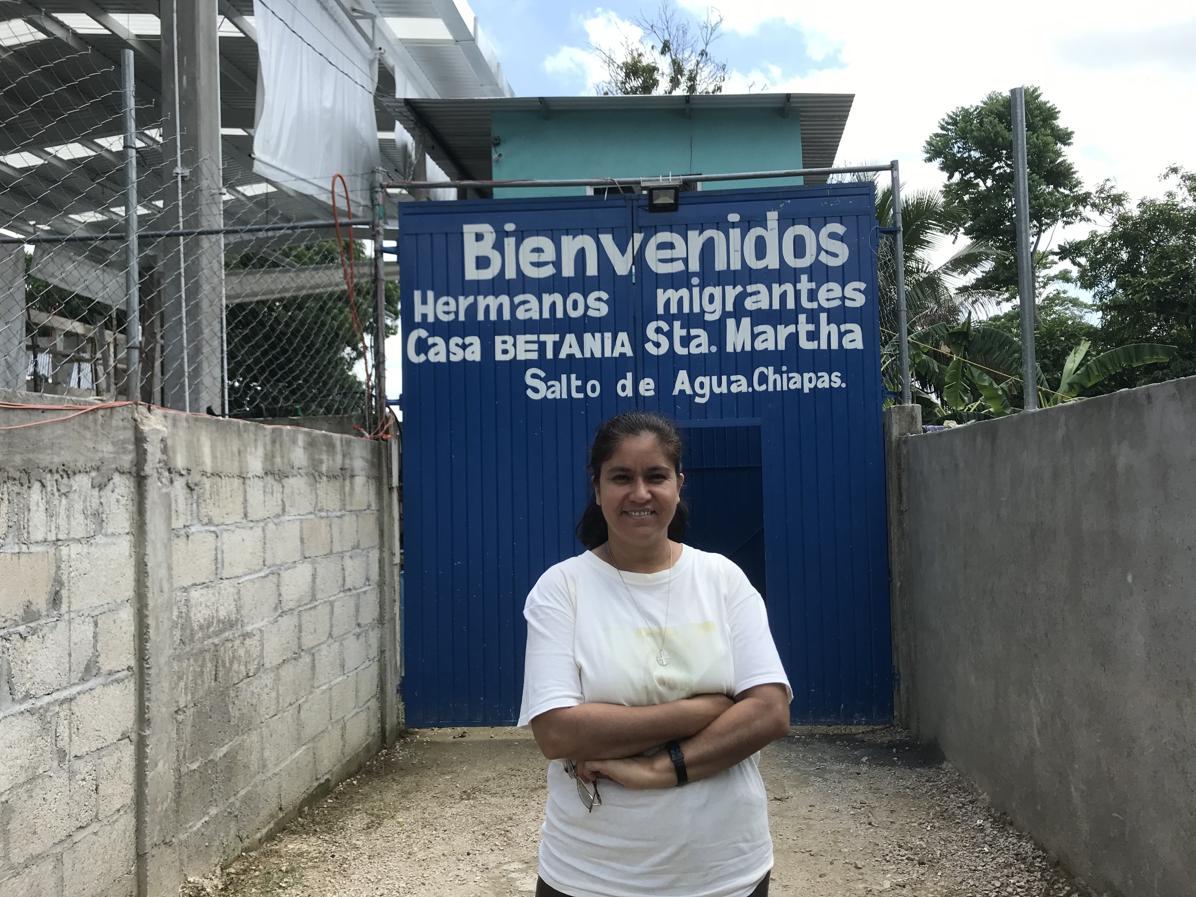 Franciscan Sister Diana Muñoz, a human rights lawyer, poses for a photo outside Casa Betania Santa Martha June 29, 2019, in Salto de Agua, Mexico. In October 2021, the shelter was raided twice within a week by armed individuals claiming to be government o