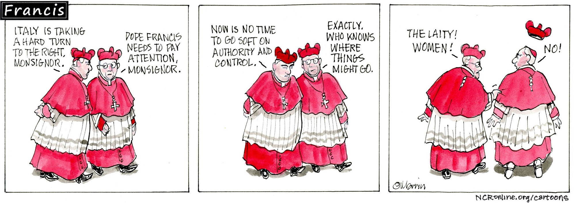 Francis, the comic strip: Two cardinals discuss Italy's turn to the right and wonder what's next.