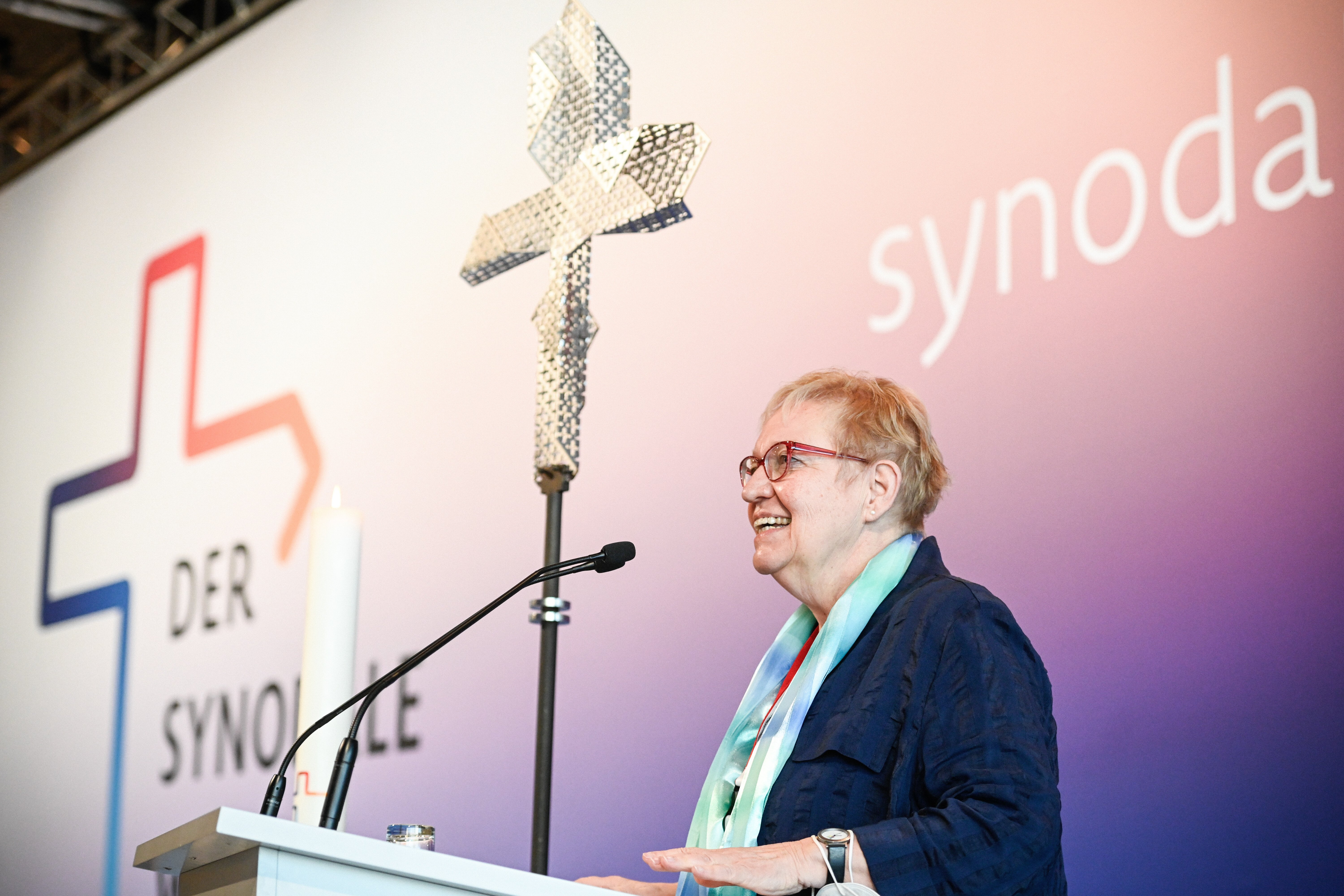 Maria Boxberg, theologian and spiritual director of the Synodal Path, speaks during the third Synodal Assembly in Frankfurt, Germany, Feb. 5, 2021. (CNS photo/Julia Steinbrecht, KNA).