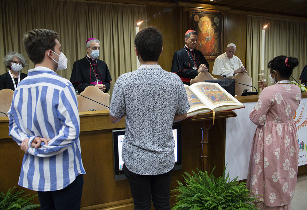 Pope Francis leads a meeting with cardinals, bishops, priests, religious and laypeople from around the world in the Synod Hall Oct. 9, 2021, at the Vatican. (CNS/Paul Haring)