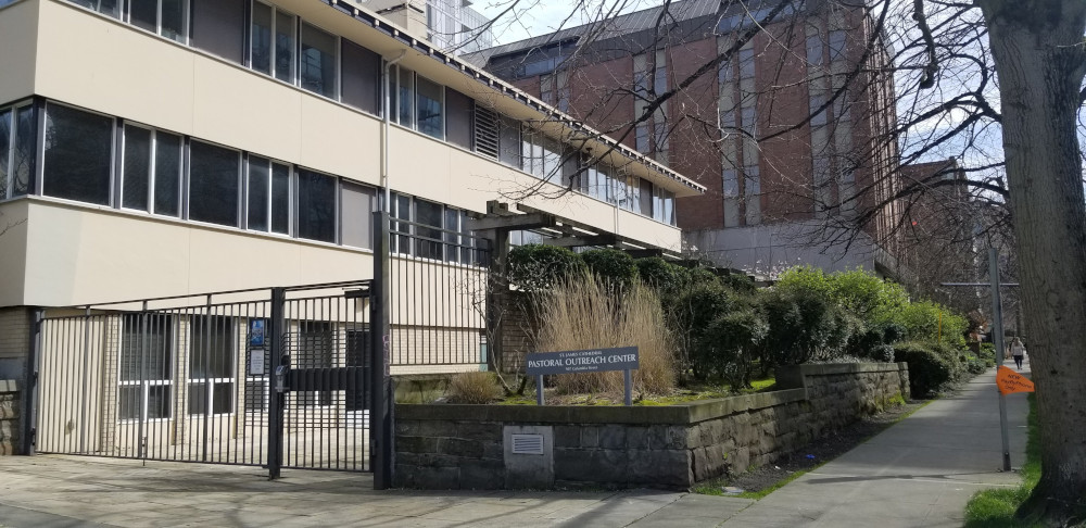 The St. James Cathedral Pastoral Outreach Center and the Paul Pigott Building, seen in the background, are among four properties the Archdiocese of Seattle and St. James Cathedral are selling to Westbank. (CNS/Northwest Catholic/Jean Parietti)