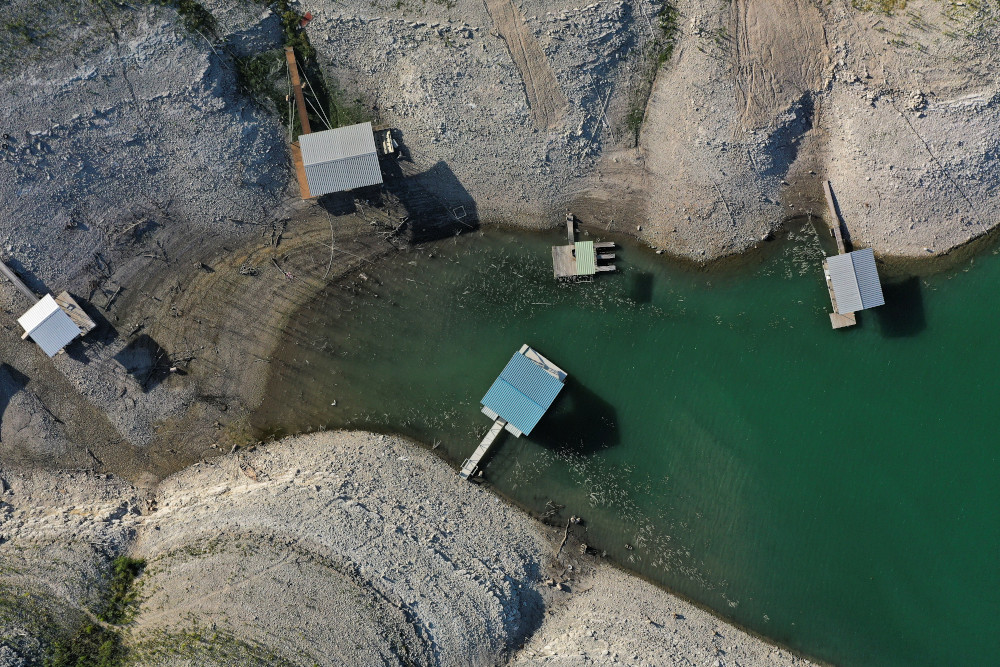 Boat docks are seen at Medina Lake near San Antonio June 18 as the majority of Texas experiences drought amid an extreme heat wave. (CNS/Reuters/Jordan Vonderhaar)