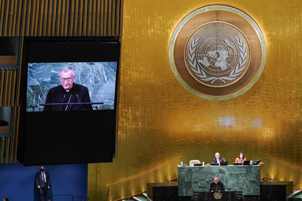  Cardinal Pietro Parolin, Vatican secretary of state, addresses the 77th session of the United Nations General Assembly at U.N. headquarters in New York City Sept. 24, 2022. (CNS photo/Eduardo Munoz, Reuters)