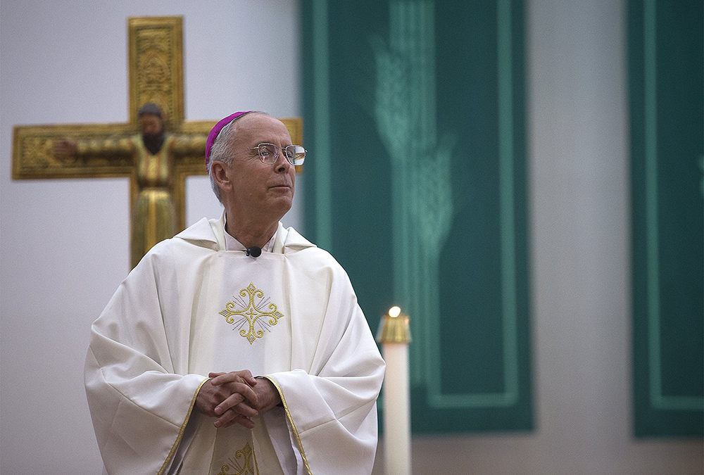 Bishop Mark Seitz of El Paso, Texas, celebrates Mass at St. Pius X Church Sept. 23, 2019, in El Paso. (CNS/Tyler Orsburn)