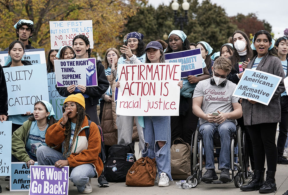 Activists demonstrate in Washington, D.C., Oct. 31, 2022, as the Supreme Court hears oral arguments on a pair of cases that could decide the future of affirmative action in college admissions. (AP/J. Scott Applewhite)