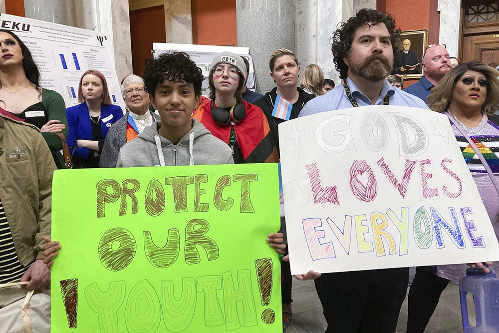 Transgender-rights advocates gather near the Kentucky House chamber in Frankfort March 2. (AP/Bruce Schreiner, File)