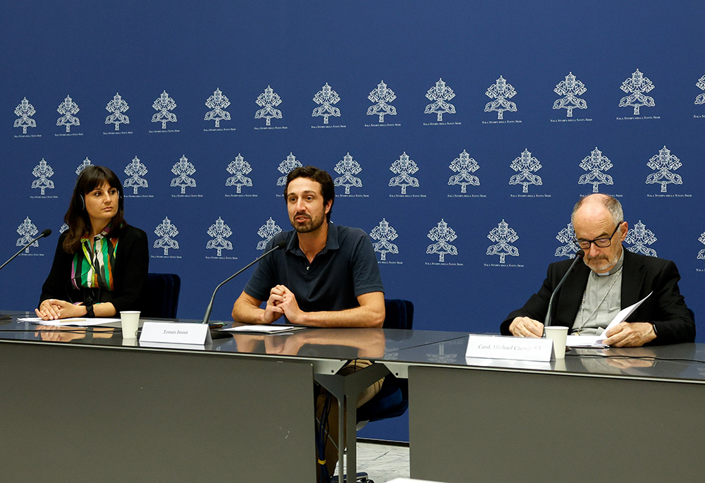 Speakers present Pope Francis' message for the World Day of Prayer for the Care of Creation during a news conference May 25 in the Vatican press office. From the left are Cecilia Turbitosi, a volunteer from the Missionary Center of Italy's Porto-Santa Rufina Diocese; Tomás Insua, executive director of the Laudato Si' Movement; and Cardinal Michael Czerny, prefect of the Dicastery for Promoting Integral Human Development. (CNS/Lola Gomez)