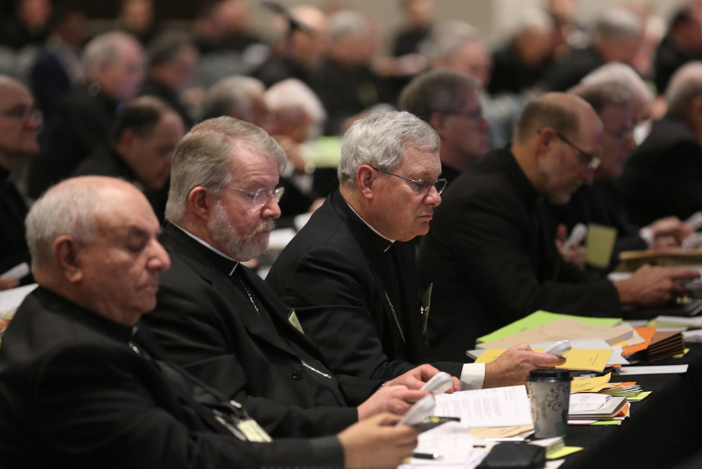 Bishop David Malloy of Rockford, Illinois, center, votes alongside other prelates June 14, 2018, during the U.S. Conference of Catholic Bishops' spring assembly in Fort Lauderdale, Florida. The 2023 spring assembly will be held in Orlando, Florida, June 14-16. (OSV News/CNS file/ Bob Roller)