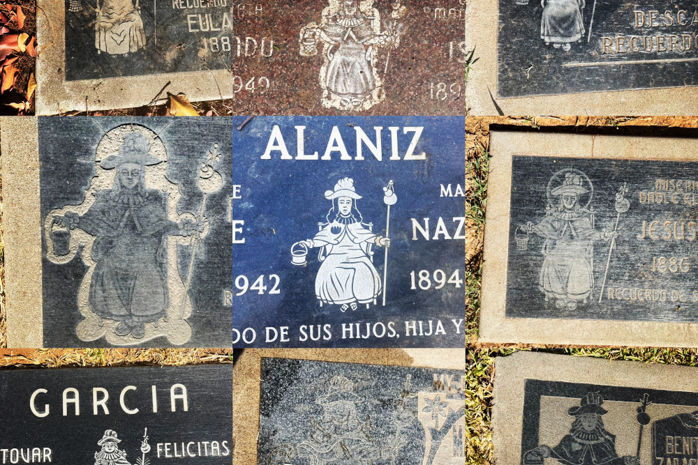 This is a collection of tombstones at Calvary Cemetery in East Los Angeles that date from the 1940s — proof of how beloved Santo Niño de Atocha was even back then. (Courtesy of Gustavo Arellano)