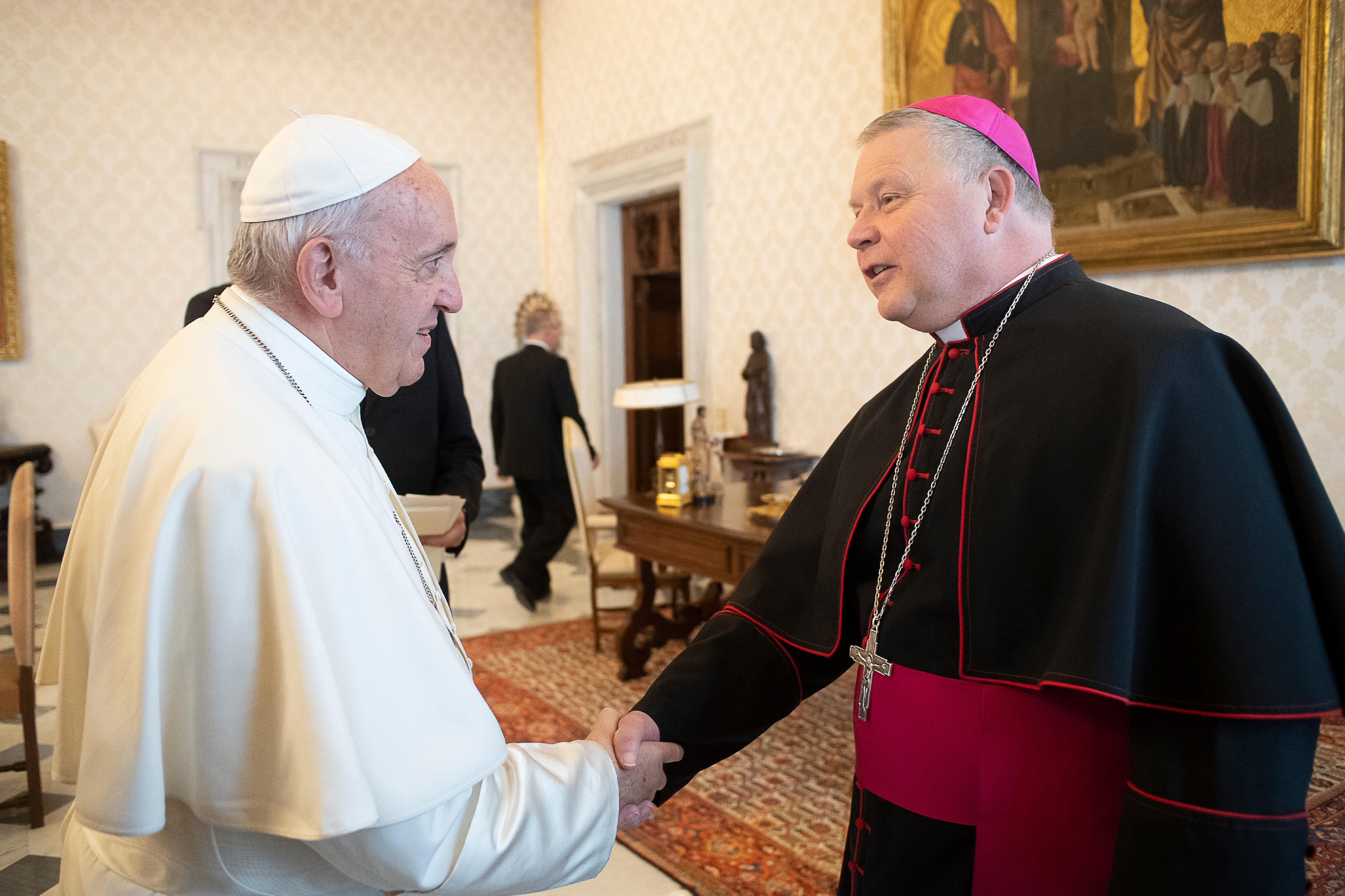 Pope Francis greets Bishop Richard F. Stika of Knoxville, Tenn., during a meeting with U.S. bishops from Regions IV and V making their "ad limina" visits to the Vatican, Dec. 3, 2019. The regions include the District of Columbia, Delaware, Maryland, Virginia, U.S. Virgin Islands, West Virginia, the Archdiocese for the Military Services, Louisiana, Alabama, Kentucky, Mississippi and Tennessee. (CNS photo/Vatican Media) 