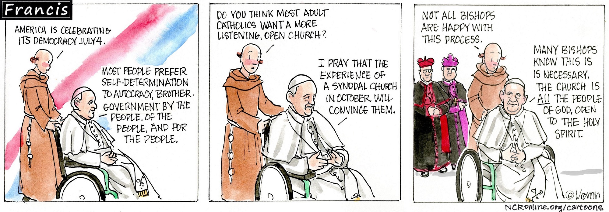 Francis, the comic strip: As America celebrates its democracy, Francis prays for a more open, listening church.