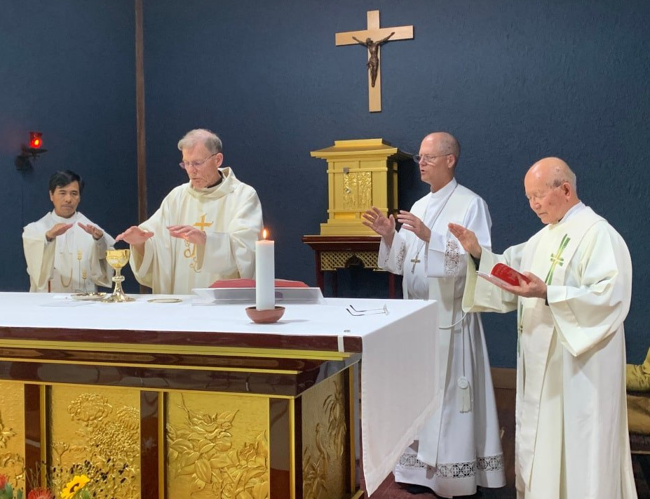 Archbishop John Wester of Santa Fe, N.M., and Archbishop Paul Etienne of Seattle concelebrate Mass in Hiroshima, Japan, on the 78th anniversary of the Aug. 6, 1945, atomic bombing of the city. (OSV News photo/Northwest Catholic)