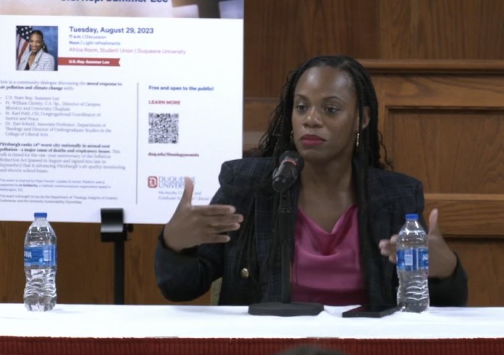 U.S. Rep. Summer Lee speaks during an Aug. 27 event on air pollution at Duquesne University in Pittsburgh. (