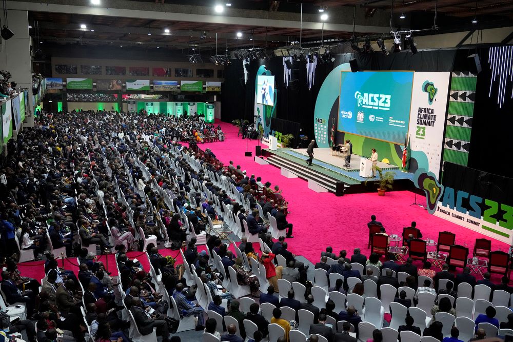 Delegates follow the closing session of the Africa Climate Summit at the Kenyatta International Convention Centre in Nairobi, Kenya, Sept. 6, 2023. (AP Photo/Khalil Senosi)