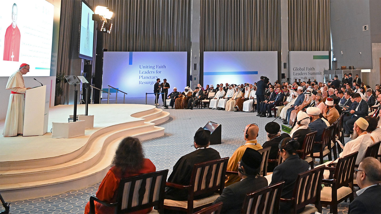 Cardinal Pietro Parolin, left, addresses the Global Faith Leaders Summit, Nov. 7, 2023, in Abu Dhabi. (Photo courtesy of Muslim Council of Elders)