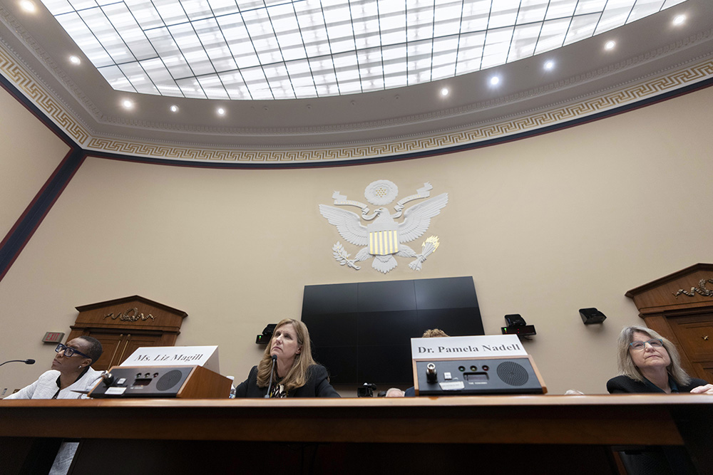 From left, Harvard President Claudine Gay, University of Pennsylvania President Liz Magill and Massachusetts Institute of Technology President Sally Kornbluth listen during a hearing of the House Committee on Education on Capitol Hill Dec. 5 in Washington. (AP/Mark Schiefelbein)