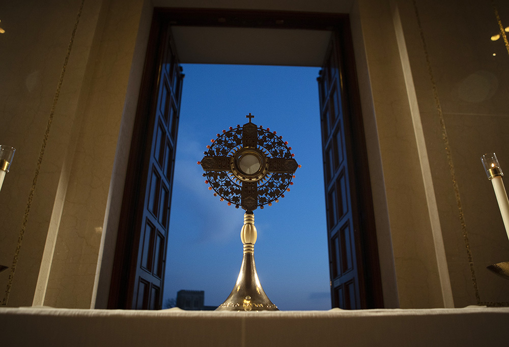 A monstrance holding the Blessed Sacrament for eucharistic adoration is seen at the Basilica of the National Shrine of the Immaculate Conception in Washington March 11, 2021, amid the coronavirus pandemic. (CNS/Tyler Orsburn)