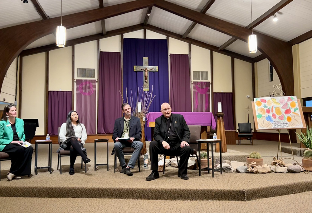 From left: Ellen Fisher, assistant director of the Catholic University of American in Tucson, Gabrielle Cardenas, a Catholic from South Tucson, Brian Eller, Pima County public health official, and Tucson Bishop Edward Weisenburger take part in a March 18 event on air pollution at the University of Arizona in Tucson. (Courtesy of Bishop Edward Weisenburger)