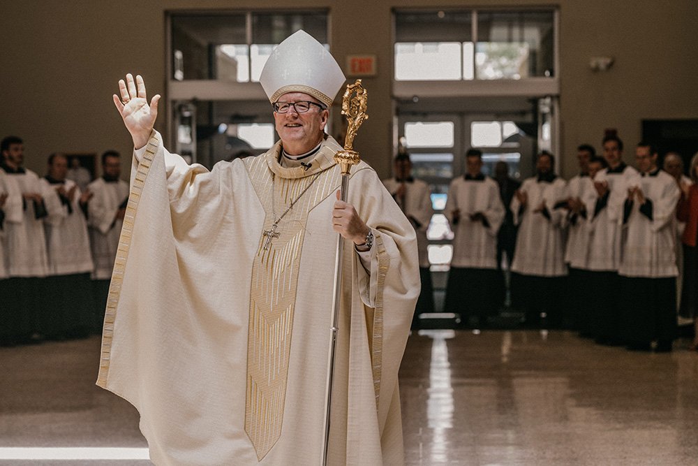 Bishop Robert Barron, founder of the Catholic media apostolate Word on Fire, arrives at St. John the Evangelist Co-Cathedral in Rochester, Minnesota, July 29, 2022, where he was installed as the ninth bishop of the Winona-Rochester Diocese. (CNS/Courtesy of Word on Fire Catholic Ministries/Clare LoCoco)