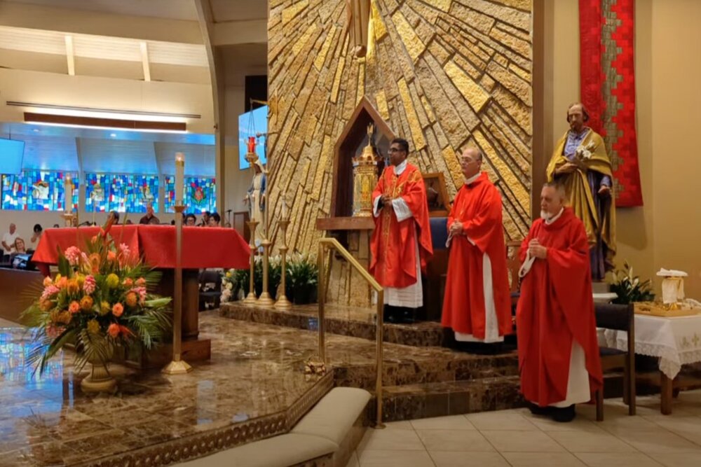 Priest, vested, stands before altar