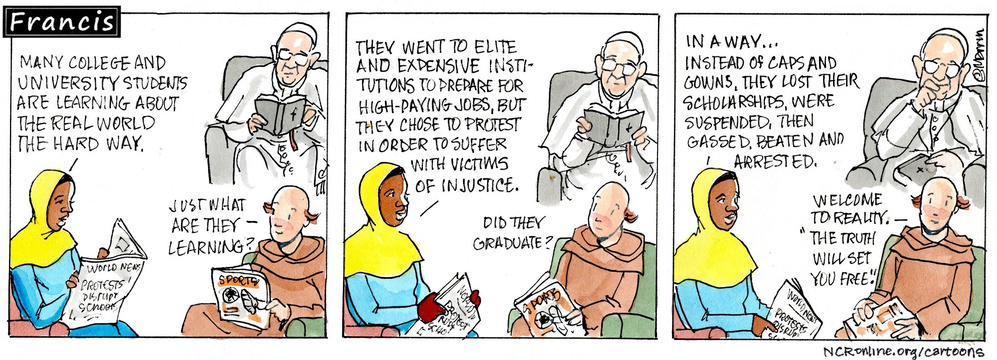 Francis, the comic strip: College students learn about the real world the hard way. But what are they learning?