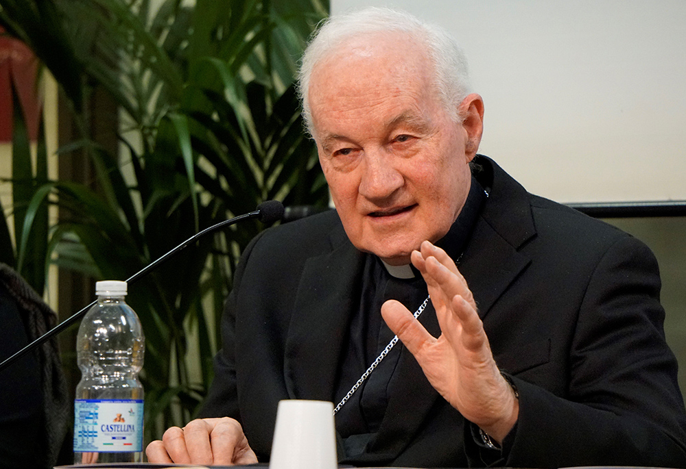 Canadian Cardinal Marc Ouellet, outgoing prefect of the Dicastery for Bishops, speaks to reporters at the Vatican Feb. 20, 2023, about the release of a two-volume book on the theology of the priesthood and the need to promote a better understanding of priesthood in a "synodal" church. (CNS/Justin McLellan)