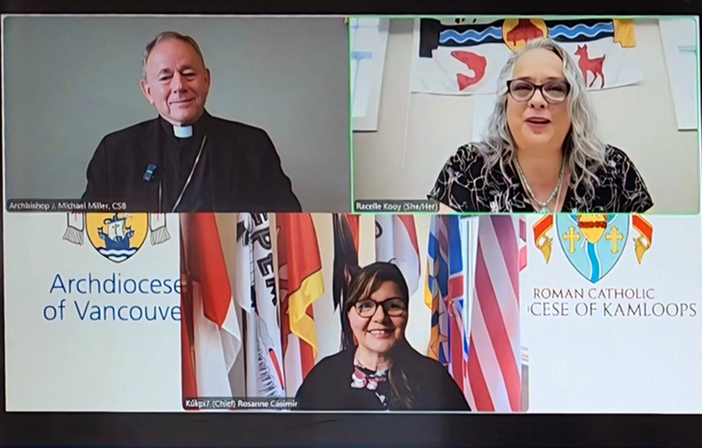 Archbishop Michael Miller of Vancouver, British Columbia, Tk'emlúps te Secwépemc First Nation media relations coordinator Racelle Kooy (top right), and Tk'emlúps te Secwépemc First Nation Chief Rosanne Casimir during a press conference June 26, 2024, answer questions about the "Sacred Covenant" signed Easter Sunday. (OSV News screenshot/Courtesy of B.C. Catholic)