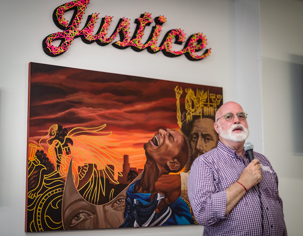 Jesuit Fr. Greg Boyle speaks at an event at Homeboy Industries. (Courtesy of Paul Steinbroner)