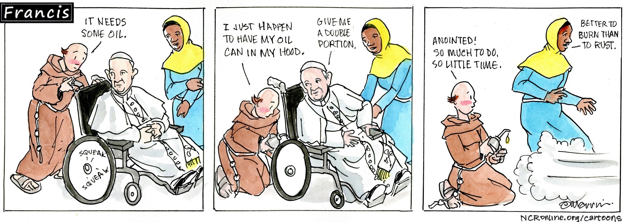 Francis, the comic strip: Brother Leo takes care of some squeaky wheels. 