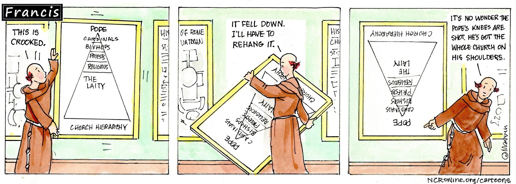 Francis, the comic strip: Brother Leo has some thoughts about the order of church hierarchy. 