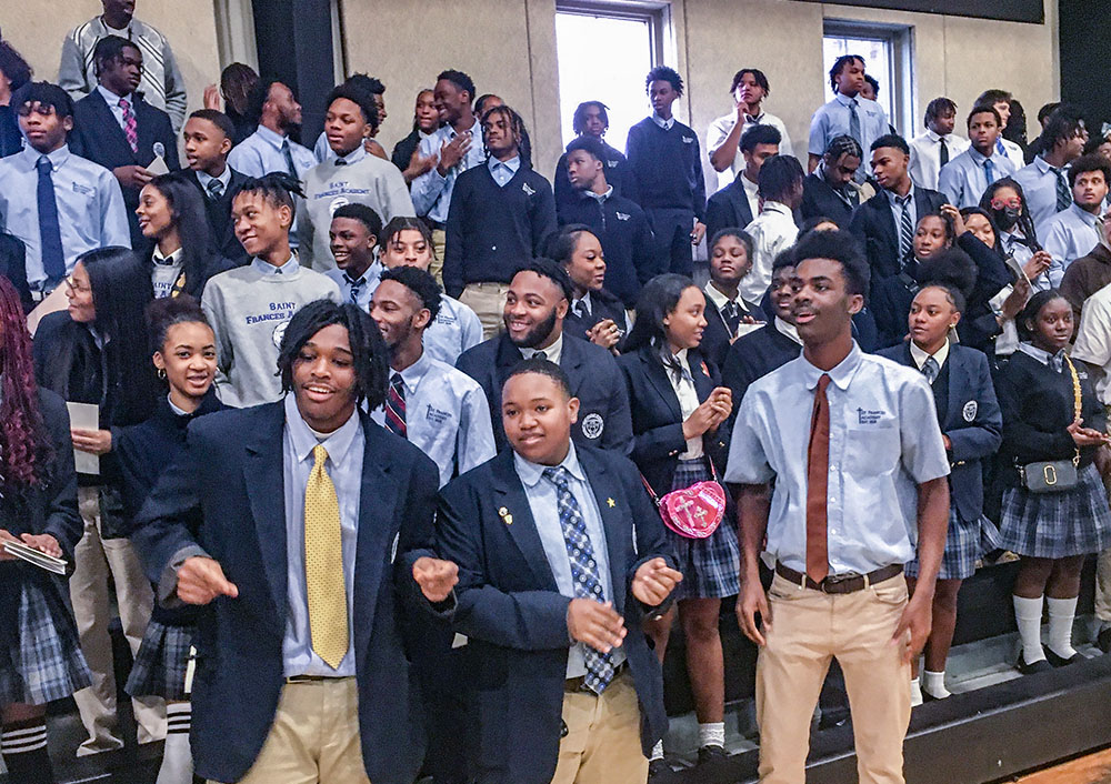 Students sing "Oh Happy Day" at the conclusion of a Jan. 30 Mass at St. Frances Academy in East Baltimore that honored its foundress, Mother Mary Lange, who is one of six Black Catholics who are candidates for sainthood. (OSV News/Catholic Review/George P. Matysek Jr.)