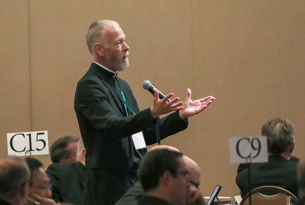 Archbishop Alexander Sample of Portland, Oregon, speaks from the floor June 14 at the U.S. Conference of Catholic Bishops' Spring Plenary Assembly in Louisville, Kentucky. (OSV News/Bob Roller)