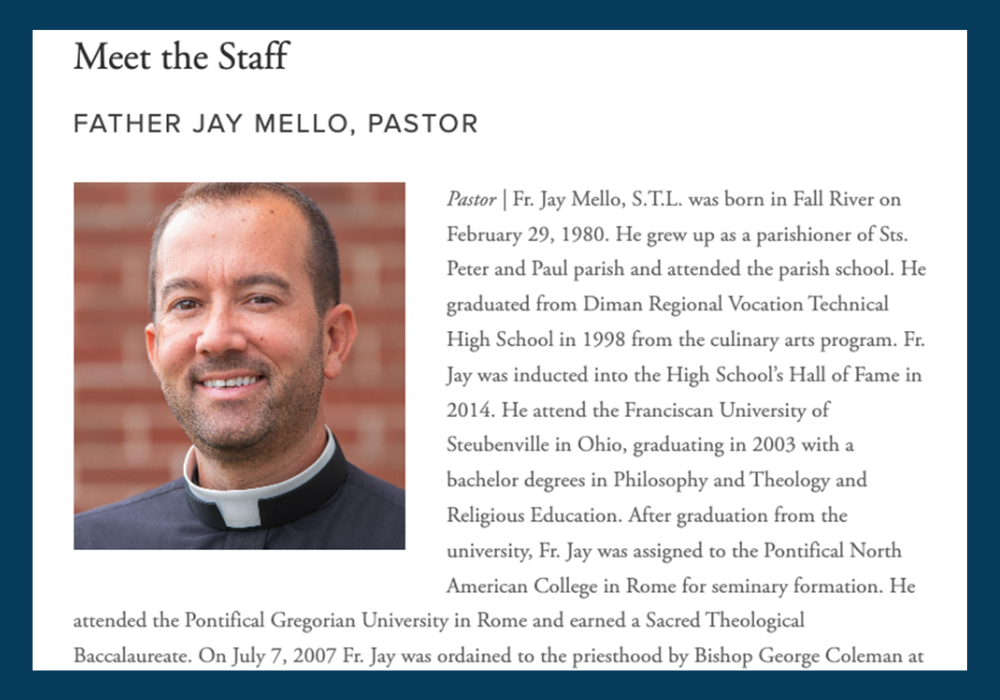 Fr. Jay Mello, pastor of St. Michael and St. Joseph parishes in the Diocese of Fall River, Massachusetts, is pictured on the staff page of St. Joseph's website. He has been placed on administrative leave after allegations of sexual misconduct involving an adult. (NCR screenshot/stjosephschurchfr.com)