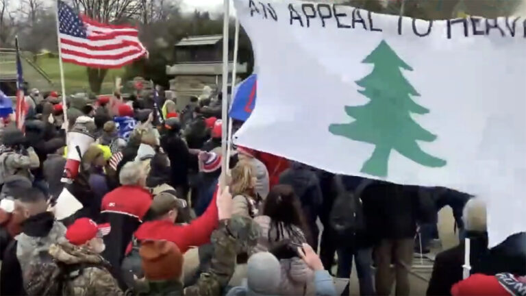 Swarming group holds various flags including "An Appeal to Heaven."