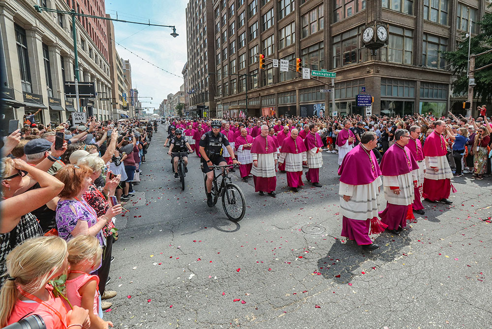 Bishops join the final eucharistic procession of the National Eucharistic Congress in downtown Indianapolis July 20. (OSV News/Bob Roller)