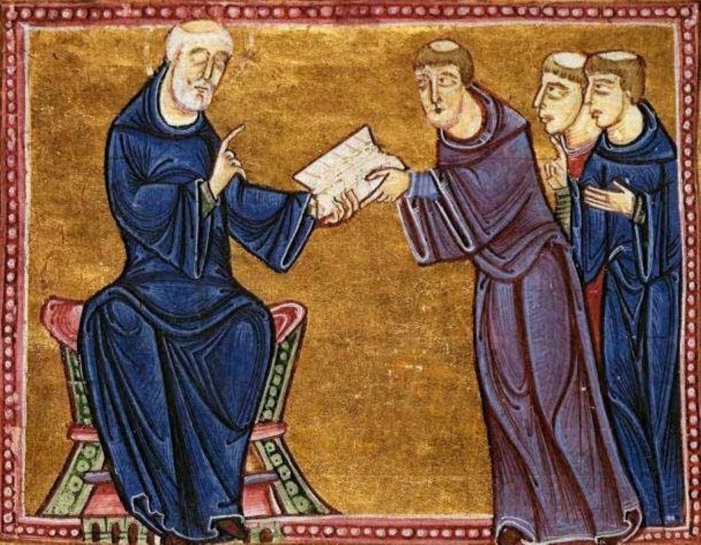 St. Benedict delivers his Rule to St. Maurus and other monks of his order in this 12th-century artwork.